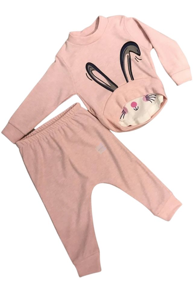 Kız Bebek Pembe Tavşan Baskılı Pijama Takım