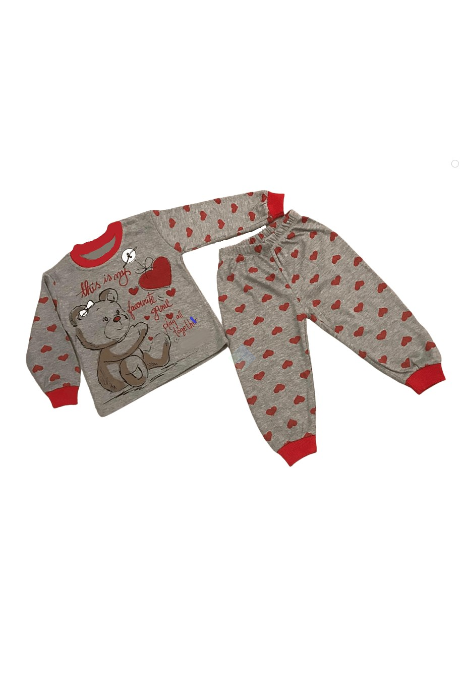 Gri Ayıcık ve Kalp Baskılı Uzun Kol Pijama Takım