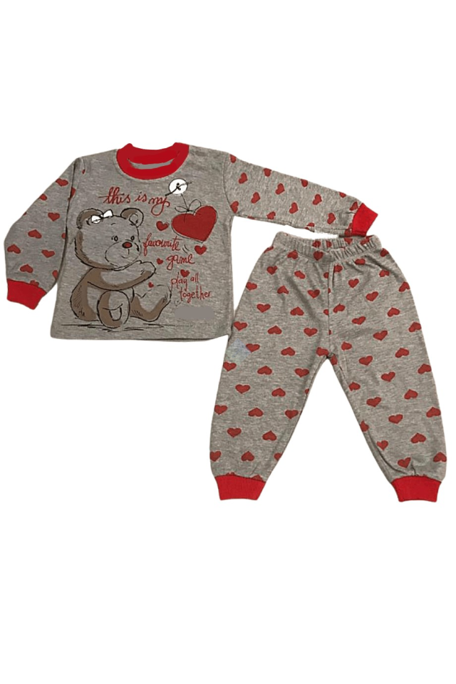 Gri Ayıcık ve Kalp Baskılı Uzun Kol Pijama Takım