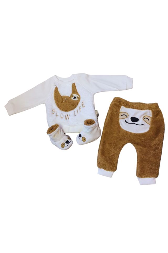 Erkek Bebek Krem Renk Slow Life Yazılı Panduflu Welsoft Kışlık Bebek Takım