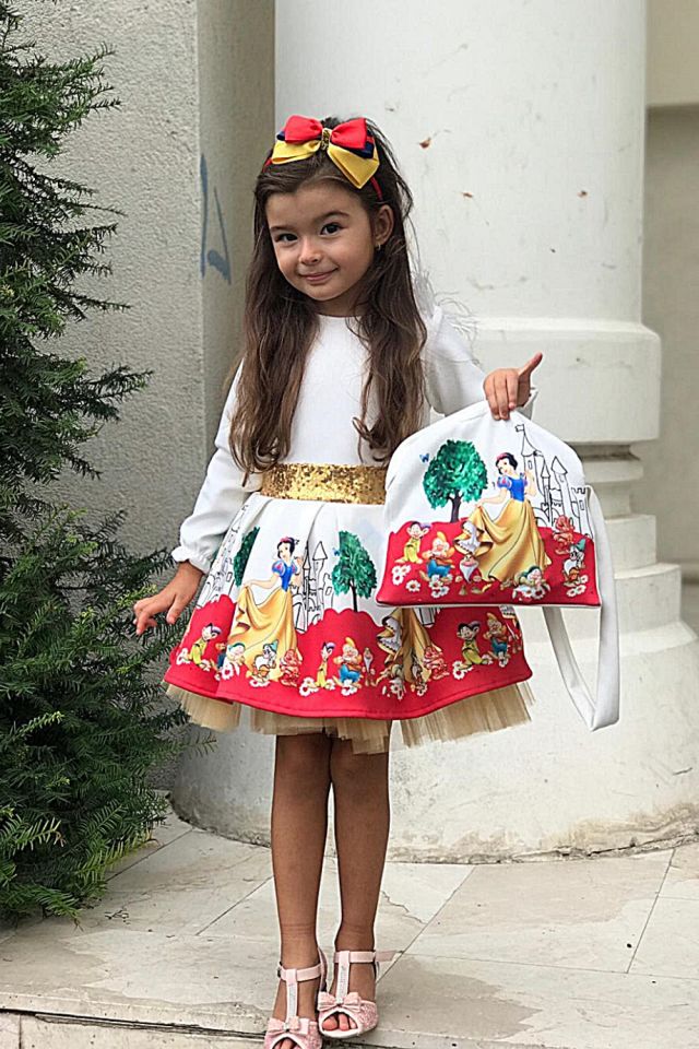 Prenses Baskılı Elbise Beyaz Renk