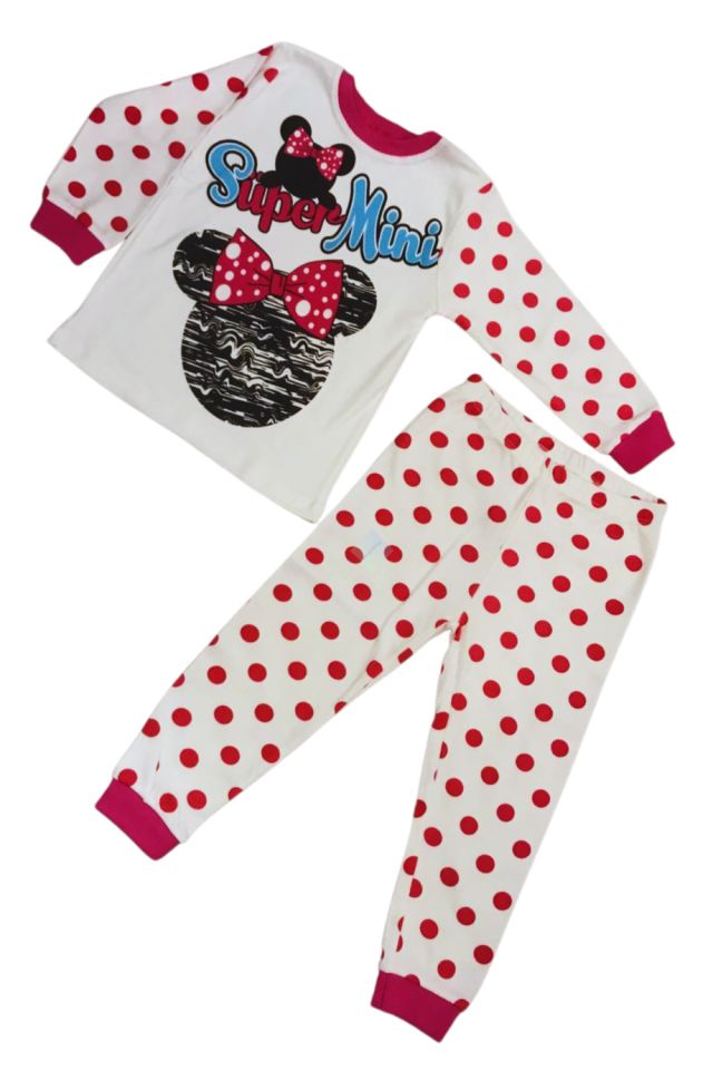 Kız Çocuk Beyaz Fuşya Renk Fiyonklu Minnie Baskılı Uzun Kol Pijama Takım