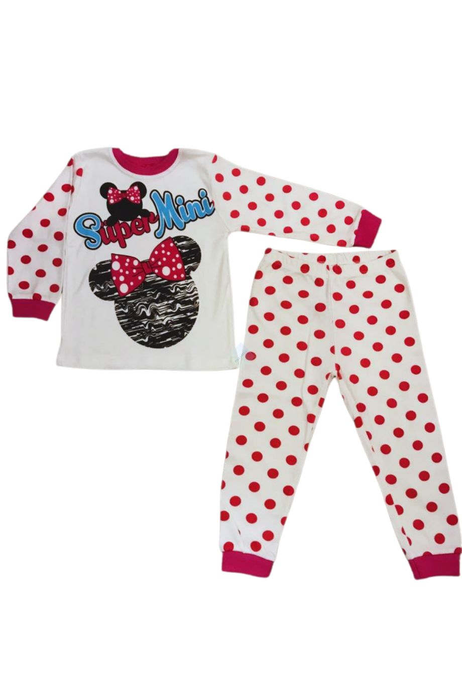 Kız Çocuk Beyaz Fuşya Renk Fiyonklu Minnie Baskılı Uzun Kol Pijama Takım