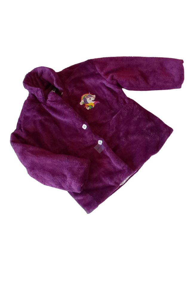 Kız Çocuk Düğmeli & Cepli Mor Peluş Kaban