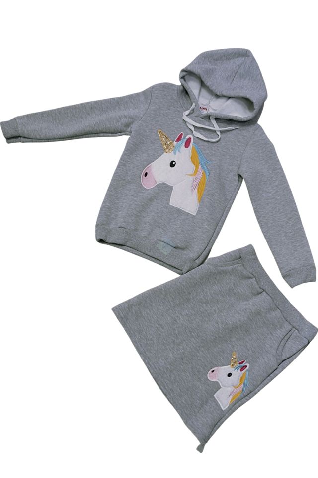Kız Çocuk Unic Nakış İşlemeli Sweatshirt & Etek Takım Gri Renk