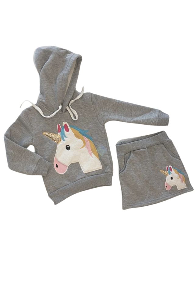 Kız Çocuk Unic Nakış İşlemeli Sweatshirt & Etek Takım Gri Renk