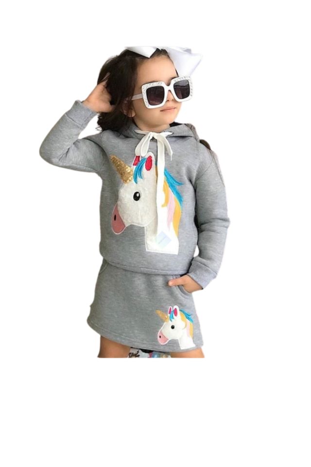 Kız Çocuk Unic Nakış İşlemeli Sweatshirt & Etek Takım Gri Renk