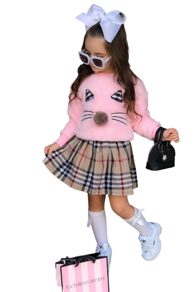 Kız Çocuk Pembe Kedili Peluş Sweatshirt & Ekoseli Kumaş Etek Takım