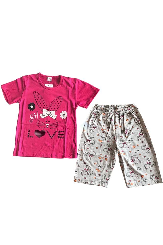 Kız Çocuk Fiyonklu Tavşan Baskılı Kısa Kol & Şortlu Pijama Takım