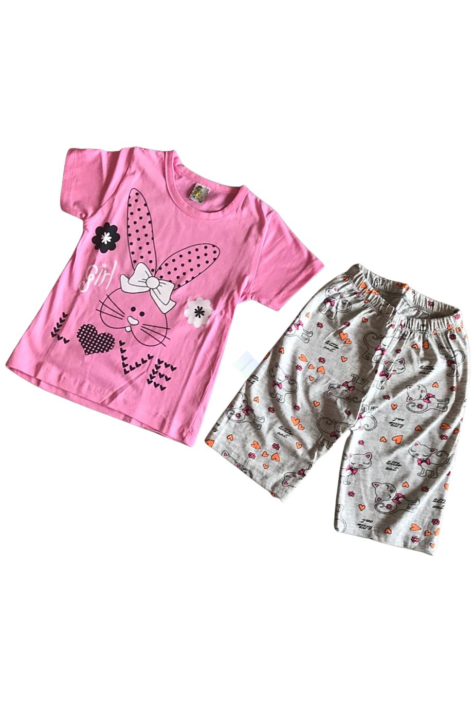 Kız Bebek Fiyonklu Tavşan Baskılı Kısa Kol & Şortlu Pijama Takım