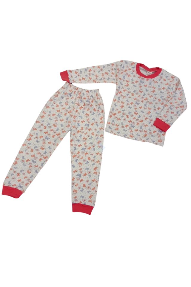 Kız Çocuk Beyaz Renk Kelebek Desenli Uzun Kol Pijama Takım