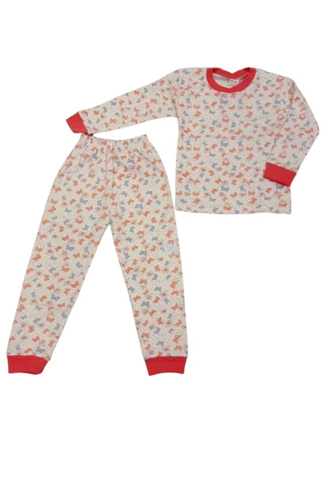 Kız Çocuk Beyaz Renk Kelebek Desenli Uzun Kol Pijama Takım