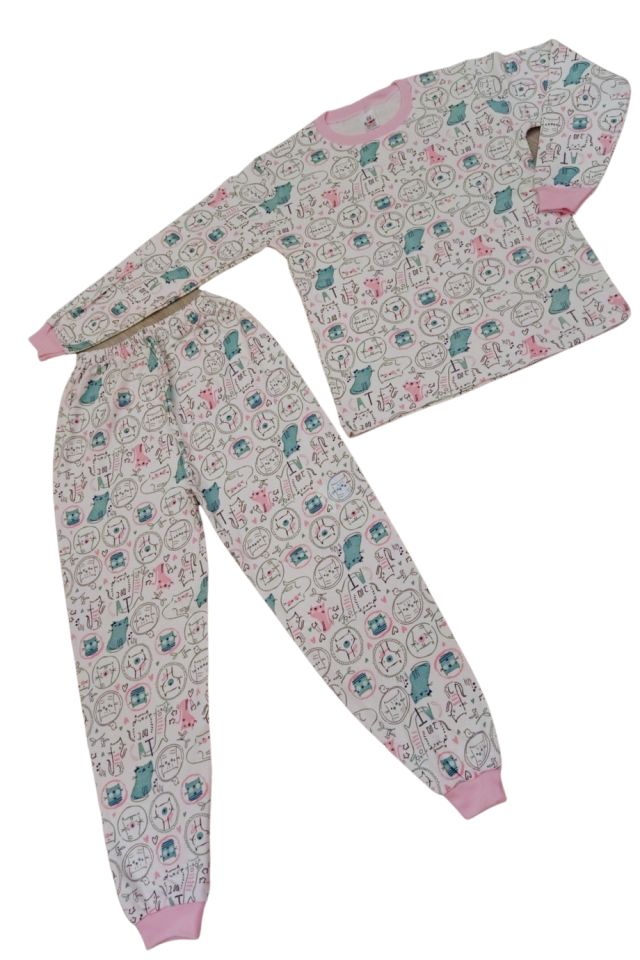 Kız Çocuk Beyaz Renk Kedi Desenli Uzun Kol Pijama Takım