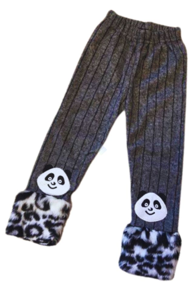 Balıksırtı Yünlü Çizgili Kumaş Bilekte Peluş Panda Yamalı Tayt Koyu Gri renk