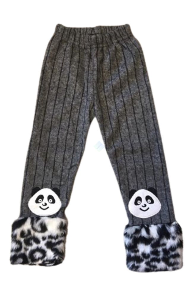 Balıksırtı Yünlü Çizgili Kumaş Bilekte Peluş Panda Yamalı Tayt Koyu Gri renk