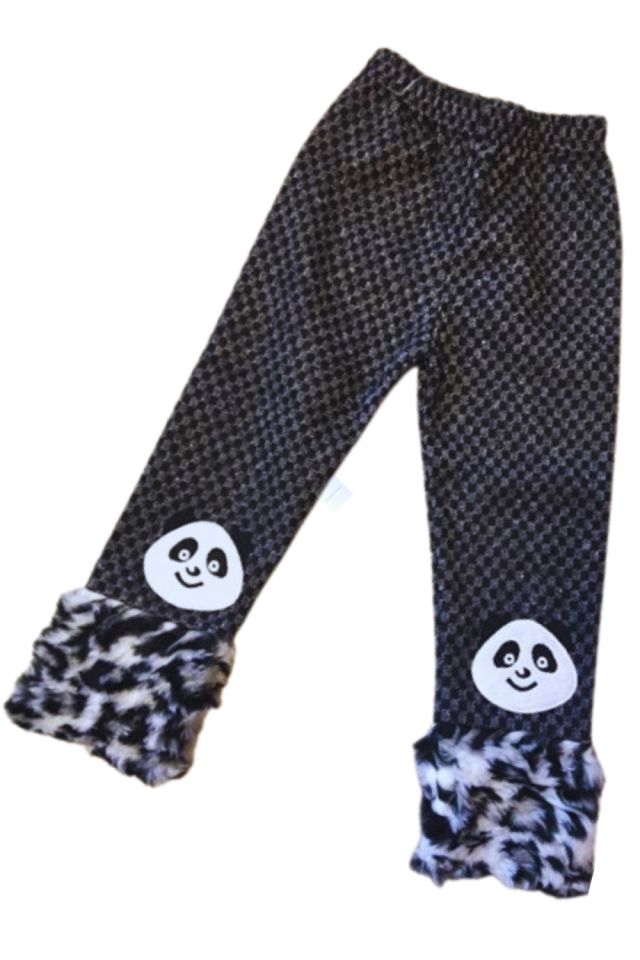 Balıksırtı Yünlü Pötikare Kumaş Bilekte Peluş Panda Yamalı Tayt Gri Siyah Renk