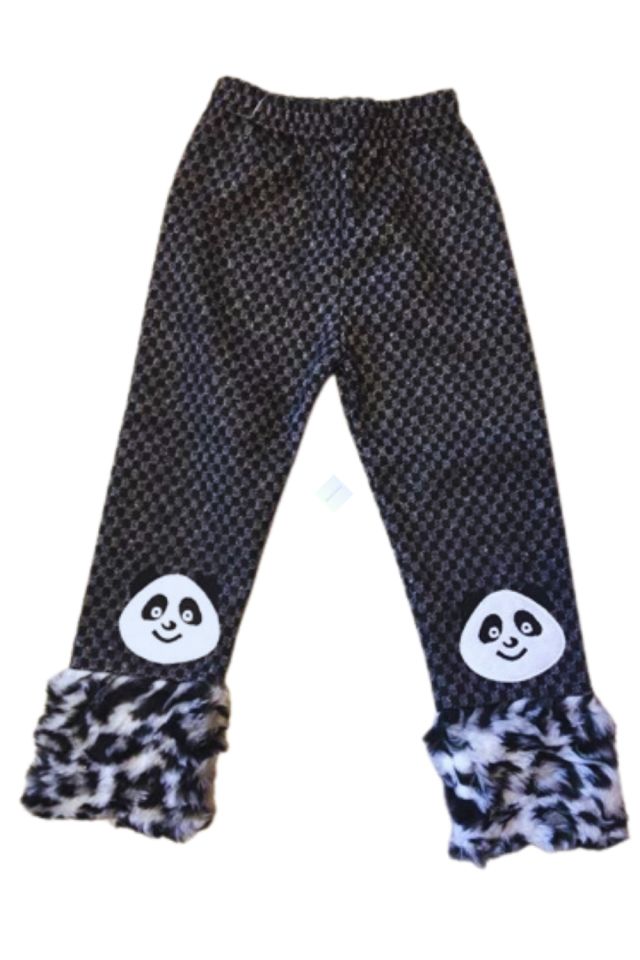 Balıksırtı Yünlü Pötikare Kumaş Bilekte Peluş Panda Yamalı Tayt Gri Siyah Renk