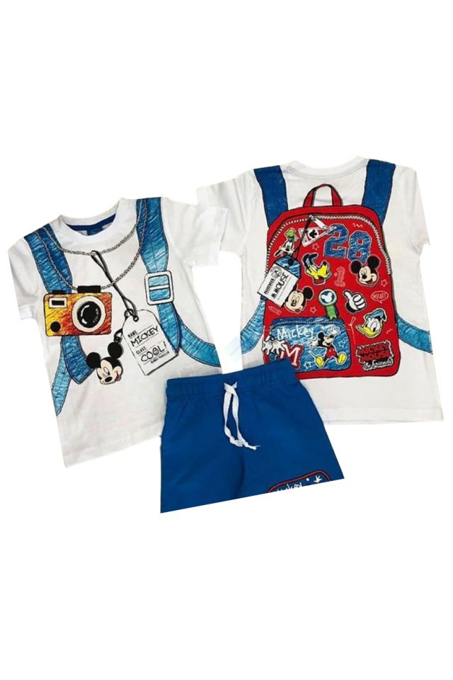 Baskılı Beyaz Tshirt & Mavi Şort 2li Takım