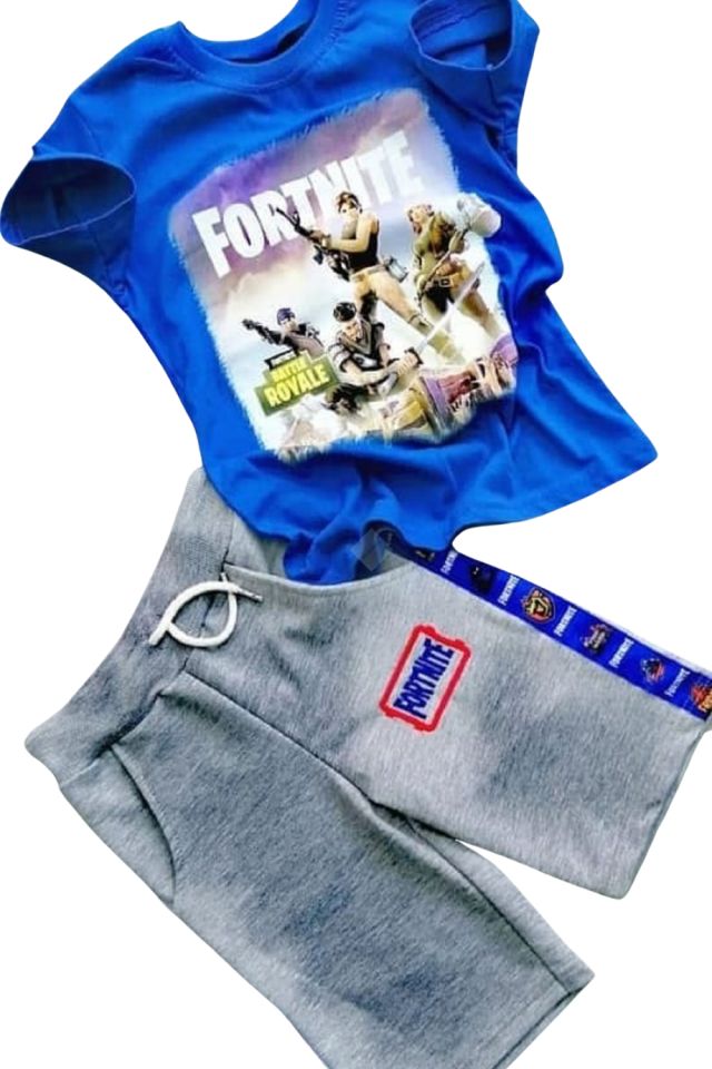 Fortnite Baskılı Mavi Tshirt Gri Şort İkili Takım