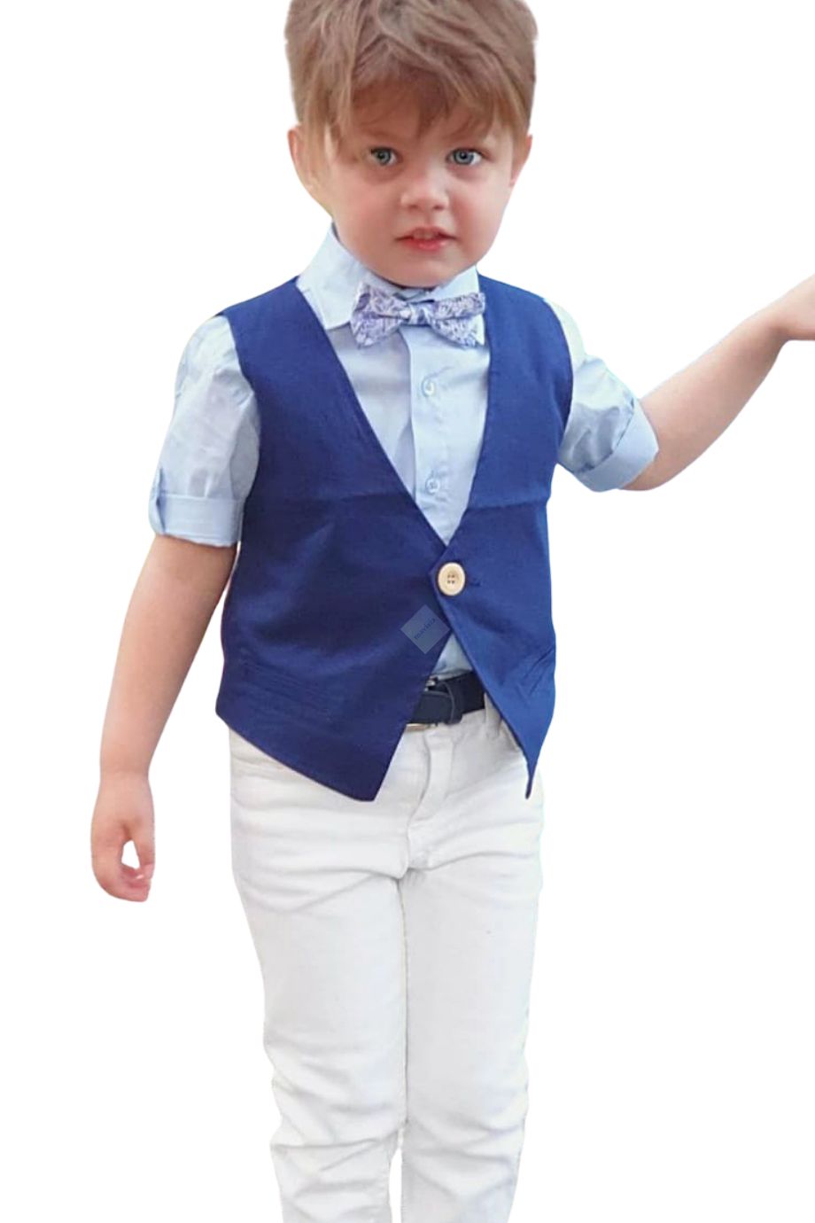 Mavi Yelek Gömlek Beyaz Kot Pantolon Takım