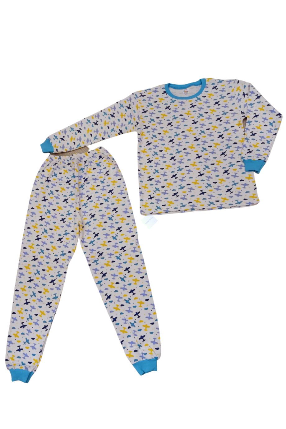 Erkek Çocuk Beyaz Renk Uçak Desenli Uzun Kol Pijama Takım