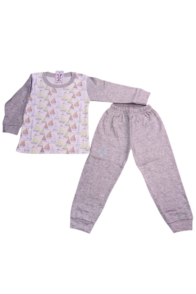 Erkek Çocuk Gri Renk Yelken Desenli Uzun Kol Pijama Takım
