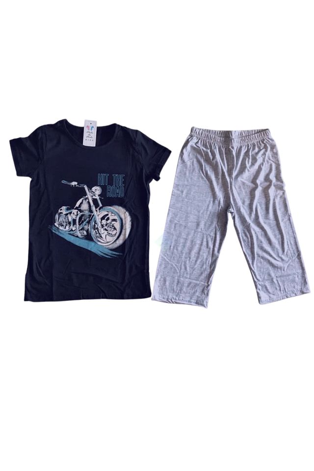 Erkek Çocuk Motosiklet Baskılı Kısa Kol Kapri Pijama Takım