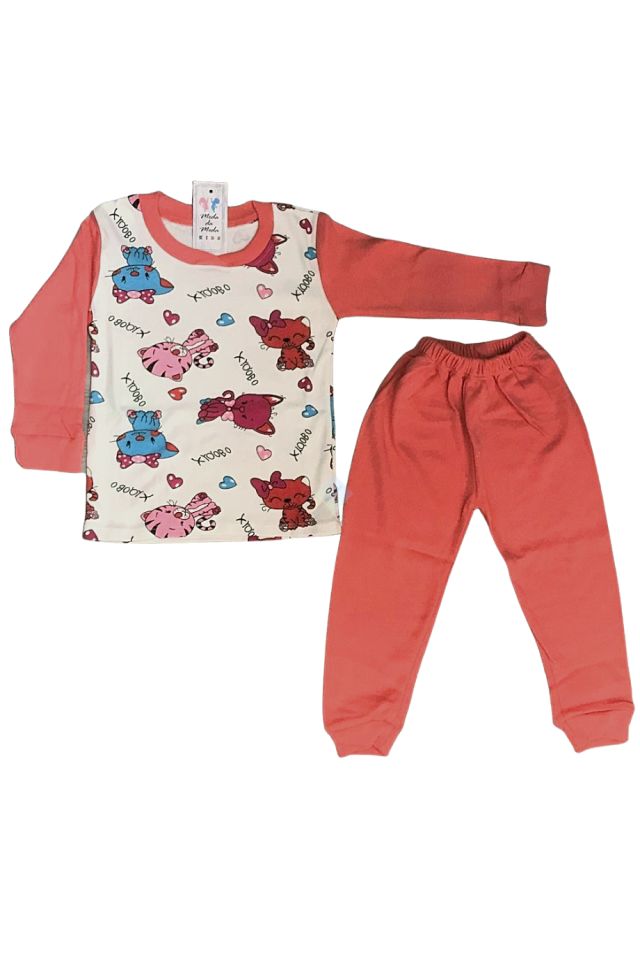 Unisex Bebek Kedi Desenli Uzun Kol Pijama Takım