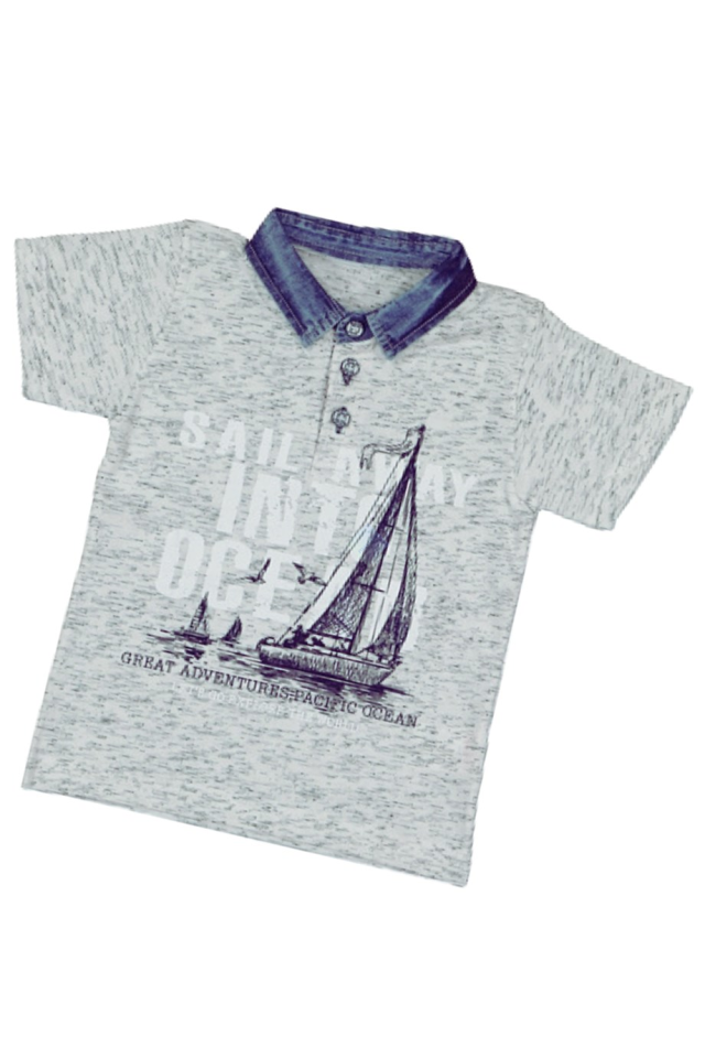 Erkek Çocuk Kot Yaka Gemi Desenli Tshirt Beyaz Renk