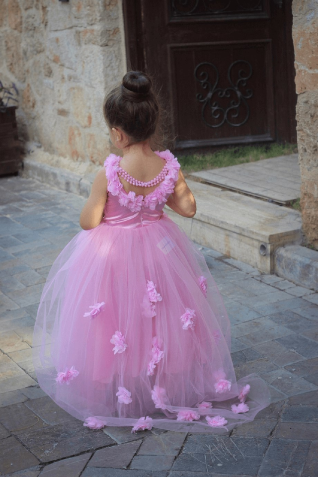 Kız Çocuk Pembe Çiçek Detaylı Tüllü Abiye Elbise