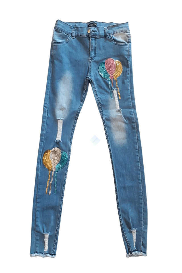Kız Çocuk Mavi Balon Pul İşleme Detaylı Yırtıklı Model Kot Pantolon