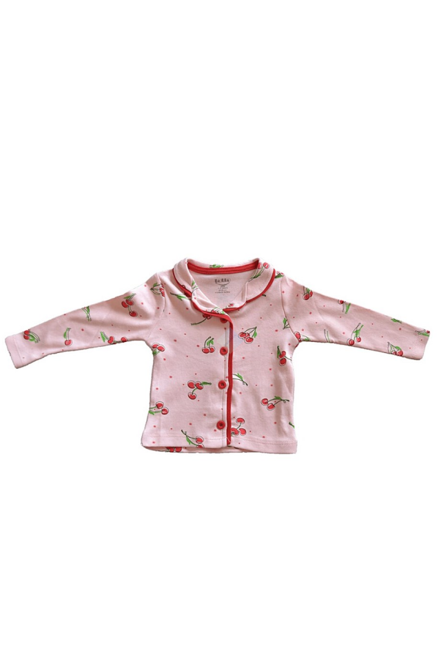 Kız Çocuk Pembe Kiraz Desenli Önden Düğmeli Uzun Kol Pijama Takımı