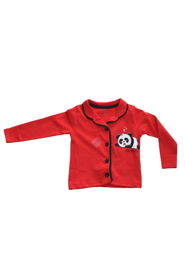 Unisex Çocuk Kırmızı Önden Düğmeli Uzun Kol Pijama Takımı