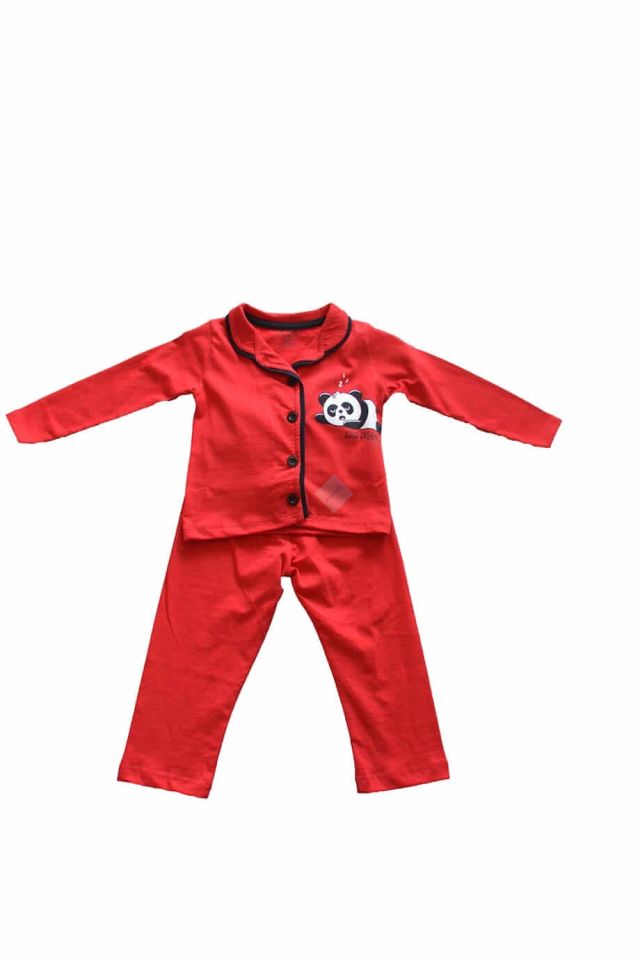 Unisex Çocuk Kırmızı Önden Düğmeli Uzun Kol Pijama Takımı