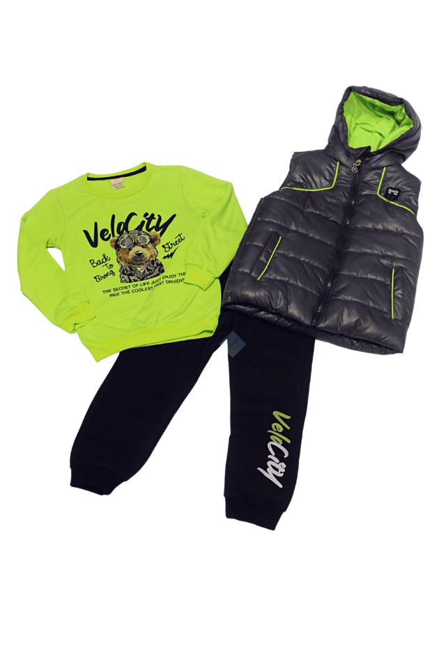 Erkek Çocuk Yeşil Sweatshirt & Lacivert Eşofman Altı Antrasit Gri Kapüşonlu Şişme Yelek Üçlü Takım