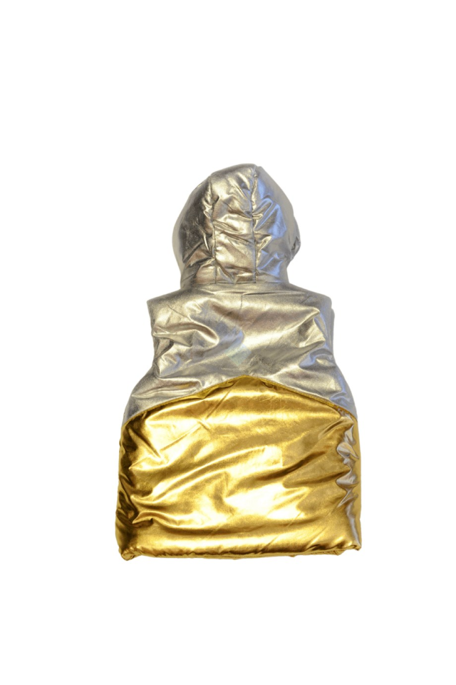 Kız Çocuk Ekru Sweatshirt & Siyah Eşofman Altı Gümüş&Gold Şişme Yelek Üçlü Takım