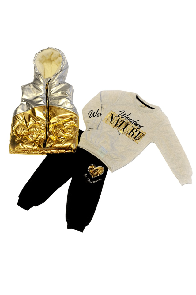 Kız Çocuk Ekru Sweatshirt & Siyah Eşofman Altı Gümüş&Gold Şişme Yelek Üçlü Takım