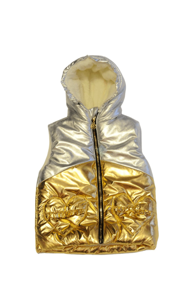 Kız Çocuk Ekru Sweatshirt & Siyah Eşofman Altı Gümüş&Gold Şişme Yelek Üçlü Takım