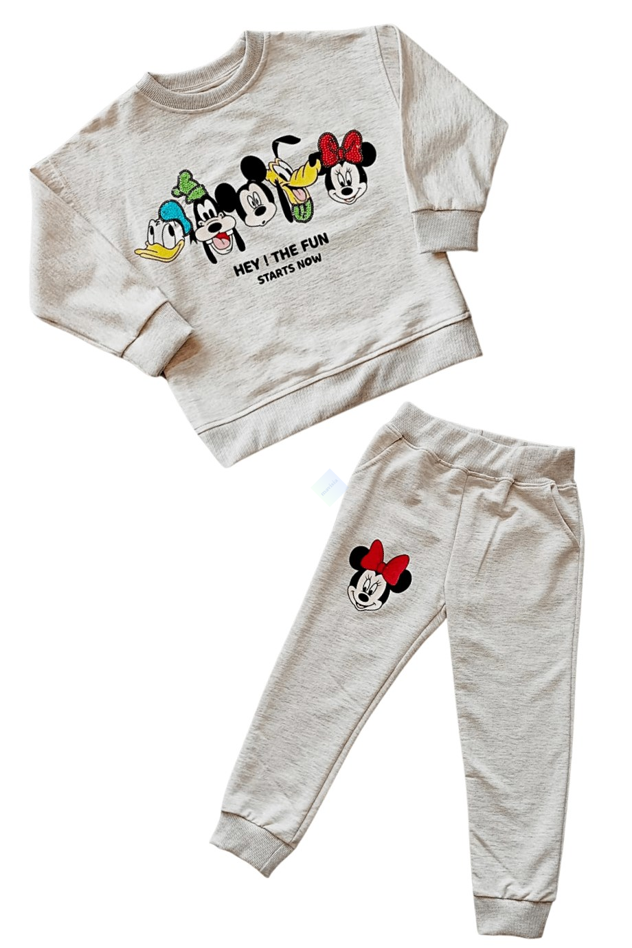 Kız Çocuk Ekru Pullu Çizgi Karakter Nakışlı Sweatshirt Eşofman Takım