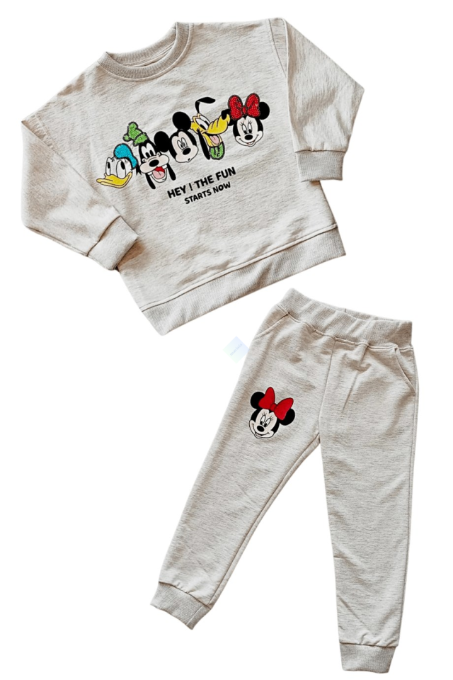 Kız Çocuk Ekru Pullu Çizgi Karakter Nakışlı Sweatshirt Eşofman Takım