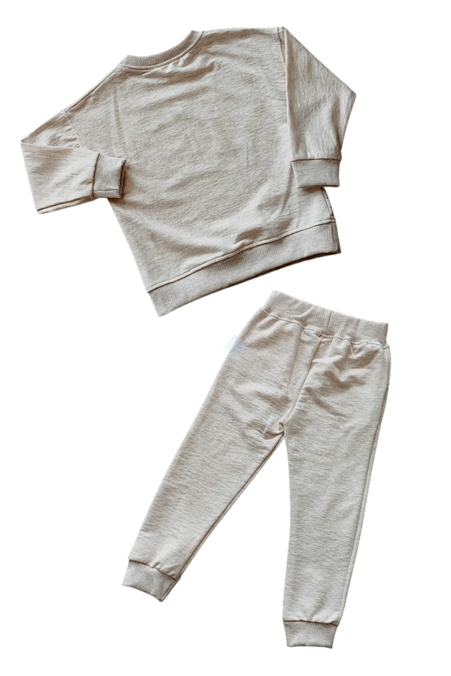 Kız Çocuk Ekru Pullu Çizgi Karakter Nakışlı Sweatshirt Eşofman Takım