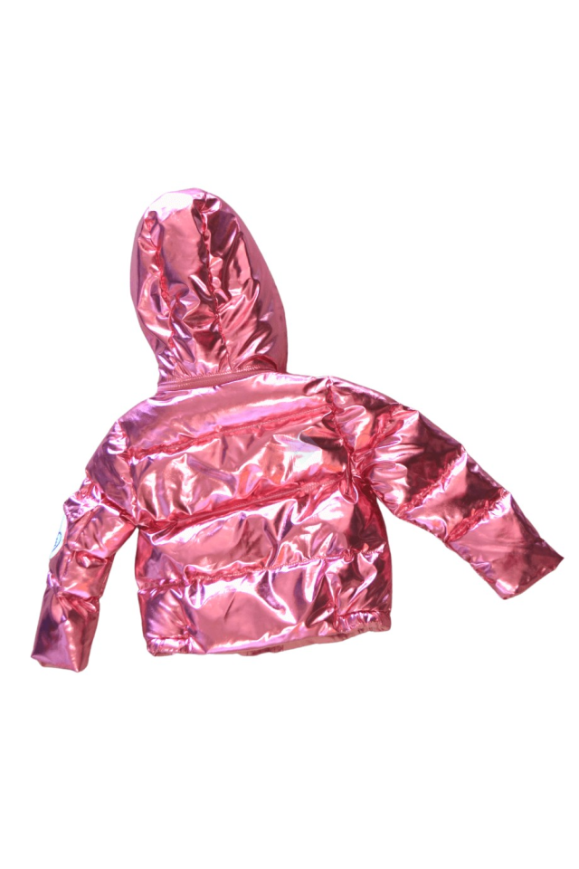 Kız Çocuk Pembe Parlak Kısa Mont & Kürk Detaylı Çıkarılabilir Kapüşonlu&Fermuarlı ve Çıtçıtlı Kapama