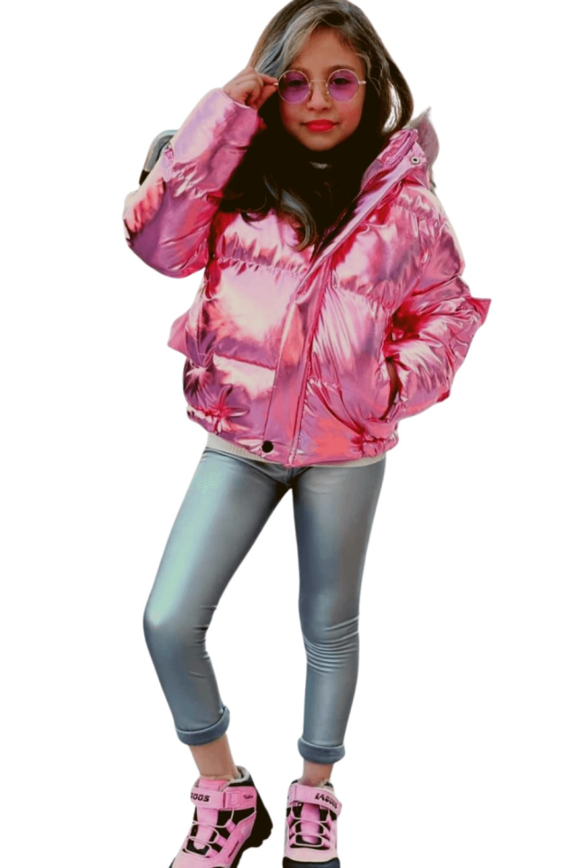 Kız Çocuk Pembe Parlak Kısa Mont & Kürk Detaylı Çıkarılabilir Kapüşonlu&Fermuarlı ve Çıtçıtlı Kapama