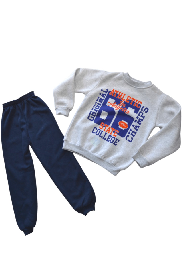 Erkek Çocuk Gri 66 Baskılı Sweatshirt Lacivert Eşofman Takım Şardonlu 3 ip