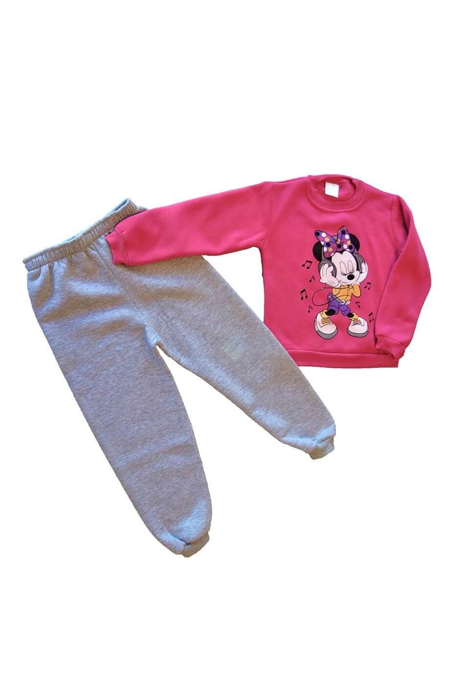 Kız Çocuk Pembe Baskılı Sweatshirt Gri Eşofman Alt Takım Şardonlu 3 ip