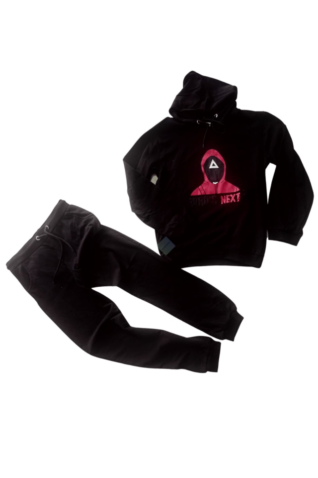 Uniseks Çocuk Siyah Baskılı Kapüşonlu Sweatshirt Eşofman Altı Takım
