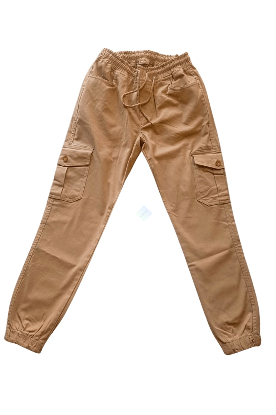 Erkek Çocuk Açık Kahve Gabardin Kumaş Okul Pantolonu Kargo Cepli Lastikli Bel ve Paça