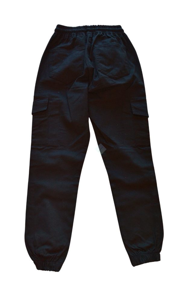 Erkek Çocuk Siyah Gabardin Kumaş Okul Pantolonu Kargo Cepli Lastikli Bel & Paça