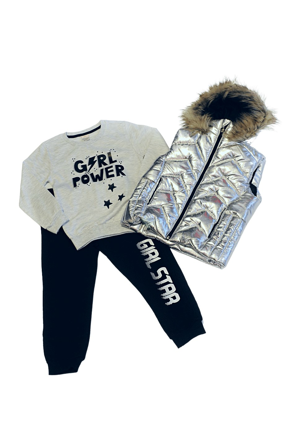 Kız Çocuk Grimelanj Sweatshirt & Siyah Eşofman Altı & Gümüş Renk Şişme Yelek Üçlü Takım