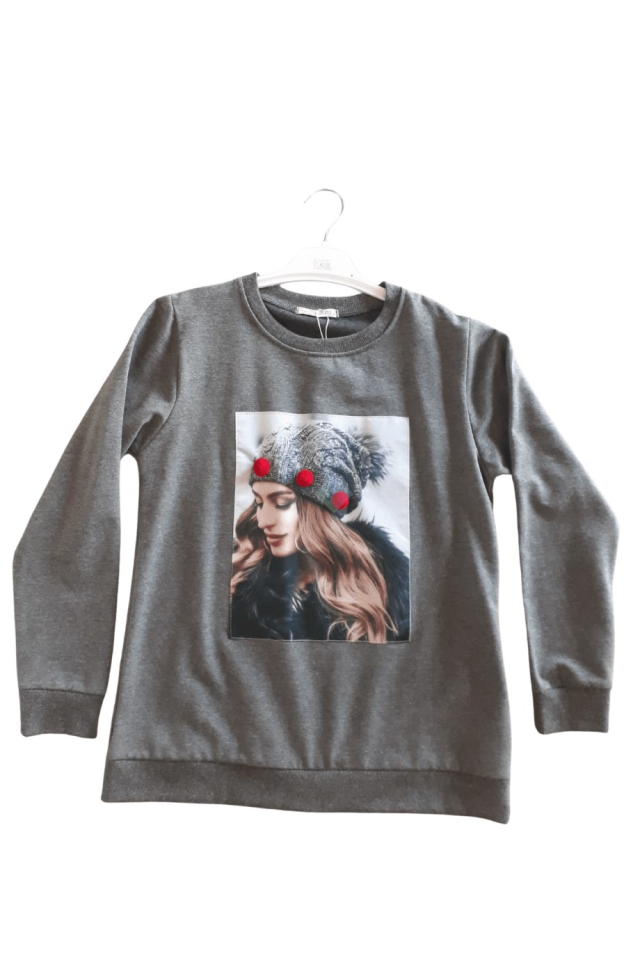 Kız Çocuk Antrasit Gri Yuvarlak Yaka Bereli Kız Baskılı Sweatshirt